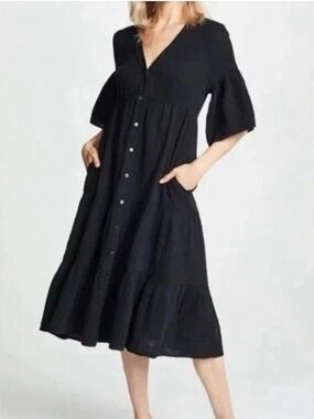 Xirena Kendall Black Button-Front Tiered Midi Dress -